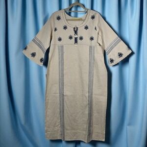 Shagufta Embroidered Dress Woman XL Cream Blue Floral Tunic Boho Bohemian Ethnic